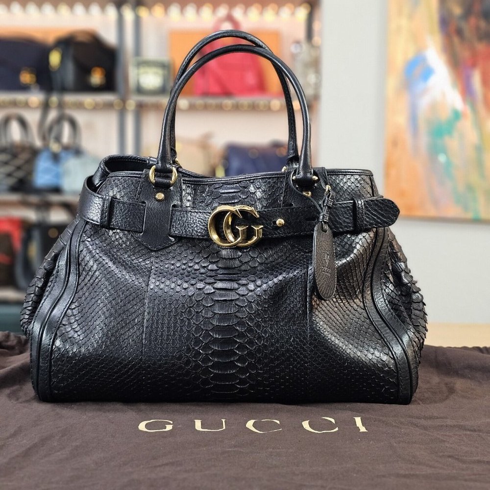 GUCCI XL Authentic Rare Exotic Python Leather Tote Hobo Large Black Handbag